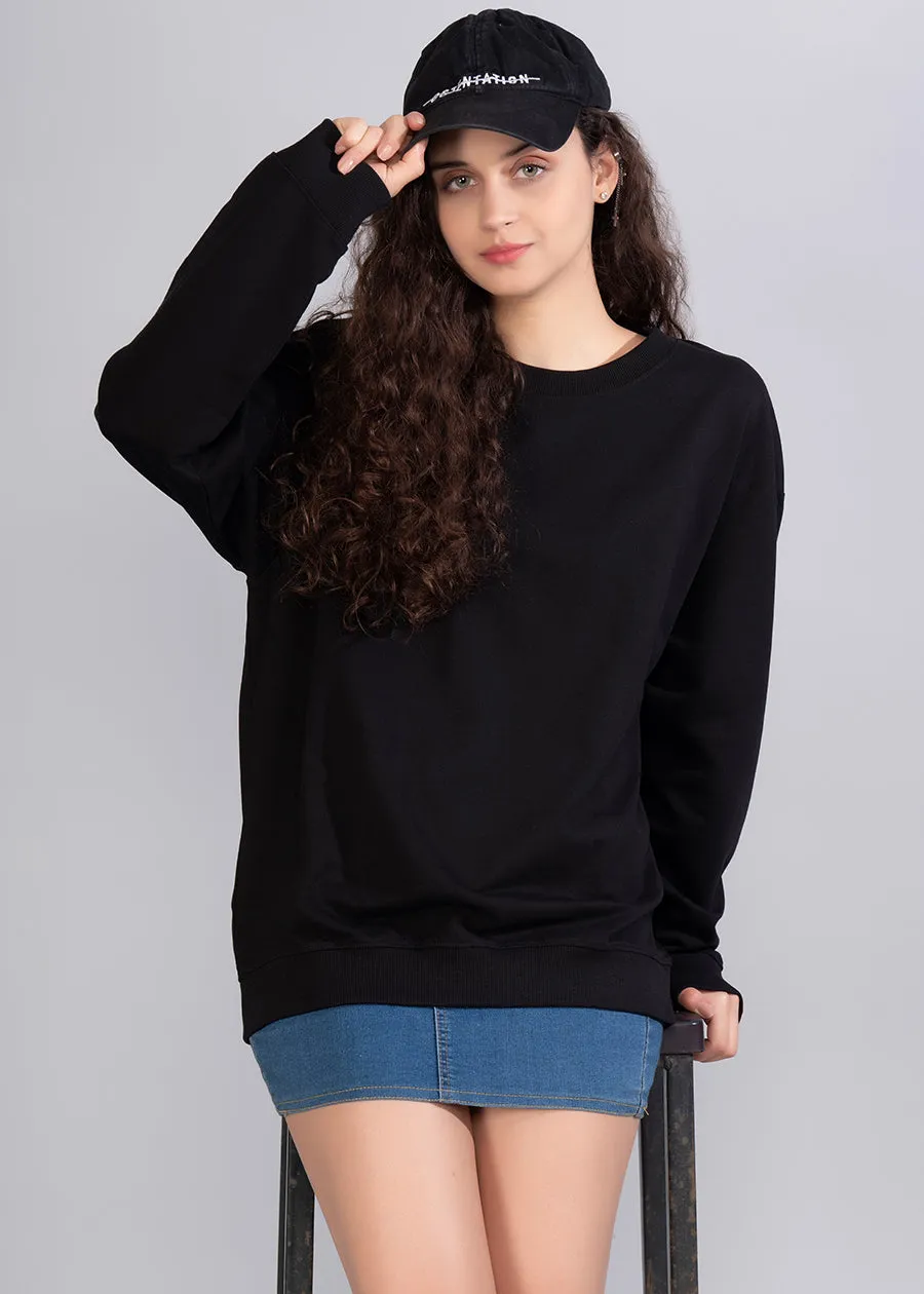 Solid Black Women Drop Shoulder Sweatshirt | Pronk