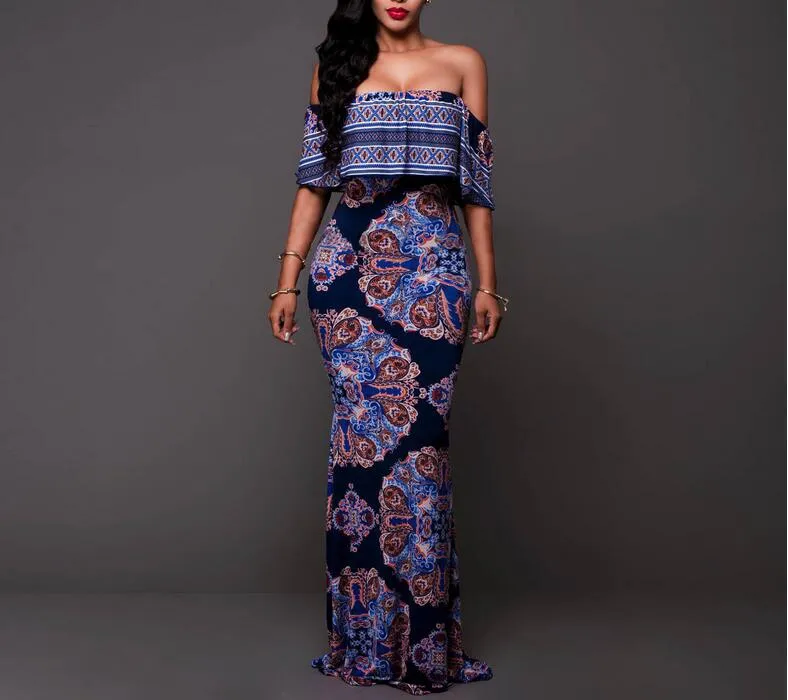 Summer Style Off Shoulder Ruffled Floral Print Maxi Dress