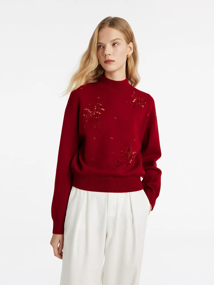 Tencel Wool Blend Mock Neck Sequins Women Sweater