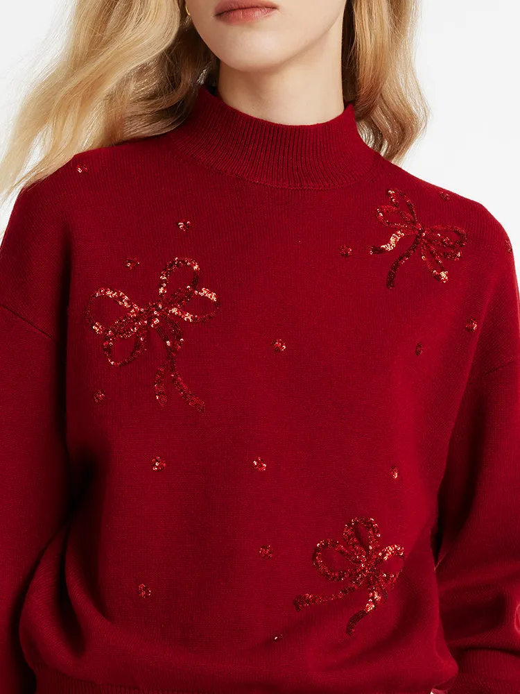 Tencel Wool Blend Mock Neck Sequins Women Sweater