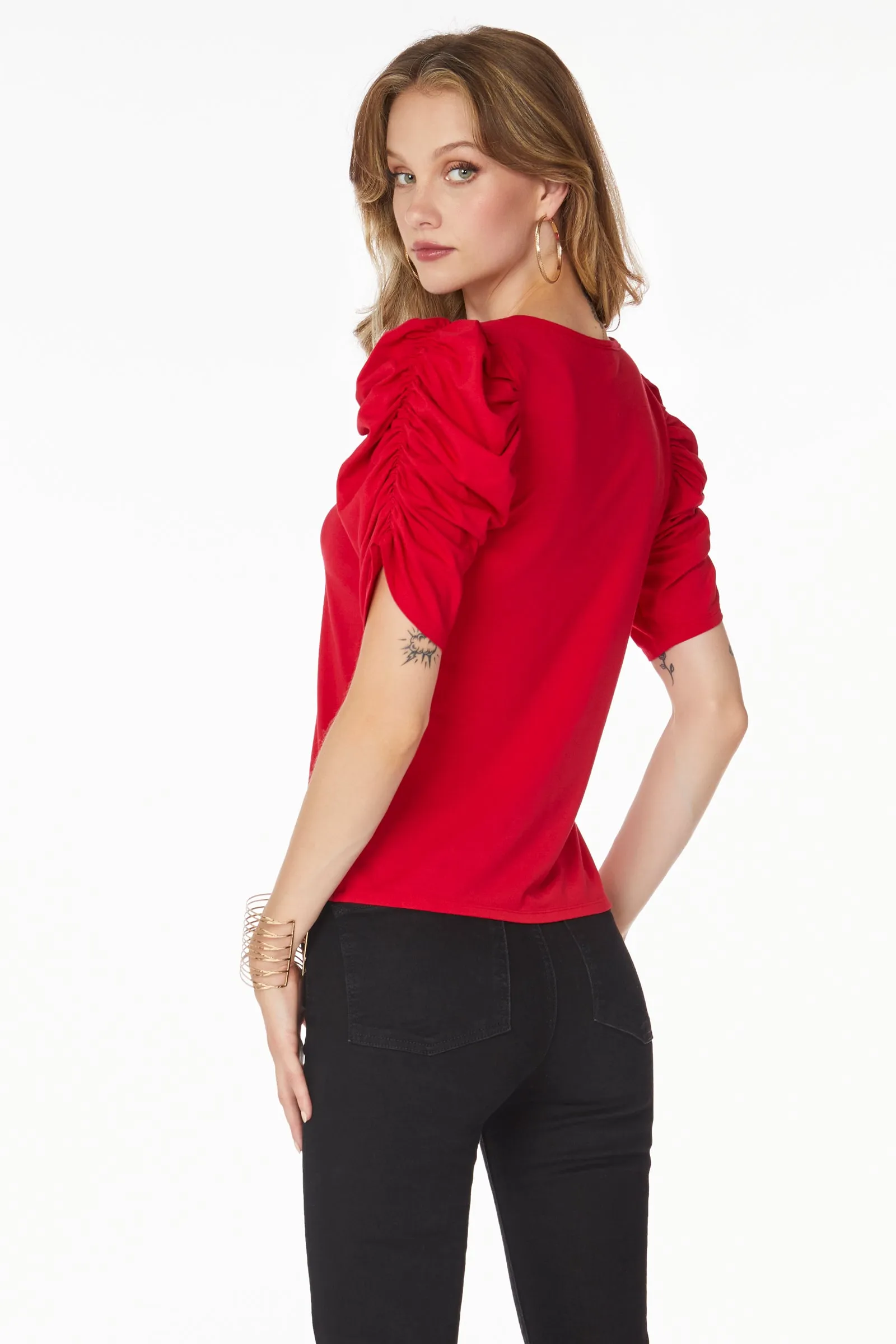 V-NECK SHIRRED SLEEVE TOP