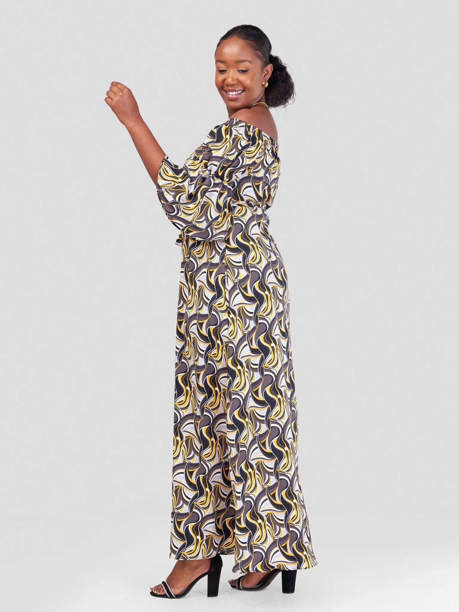 Vivo Tana Off Shoulder Maxi Dress - Black / Mustard Abstract Print