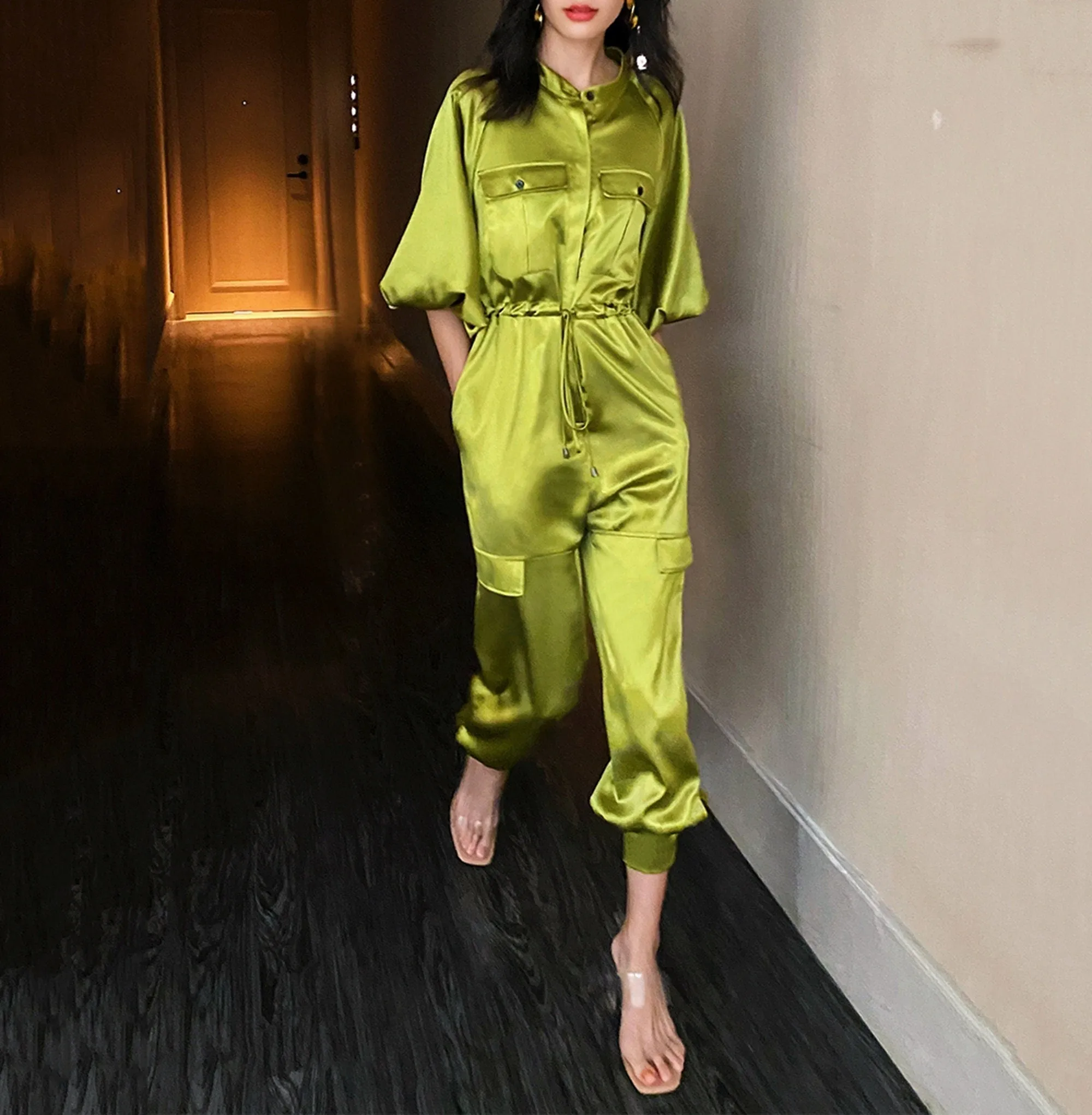 Women's Satin Jumpsuit,Green Overall,High-waist jumpsuit,loose lantern-sleeved Rompers,Green Jumpsuit,Gold Jumpsuit,Causal Loose jumpsuit