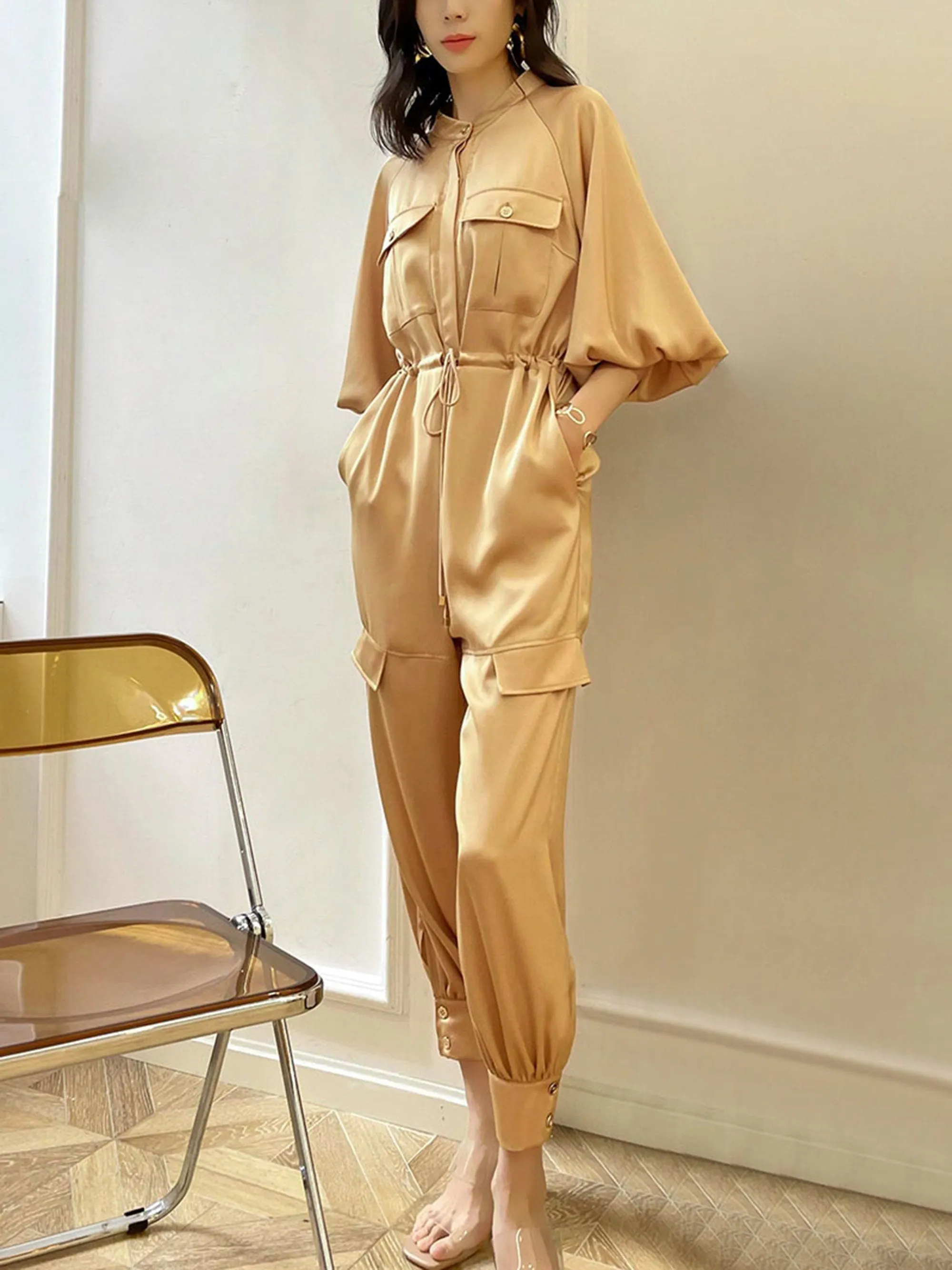 Women's Satin Jumpsuit,Green Overall,High-waist jumpsuit,loose lantern-sleeved Rompers,Green Jumpsuit,Gold Jumpsuit,Causal Loose jumpsuit